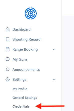Screenshot showing the Credentials option under Settings with a red arrow pointing to it