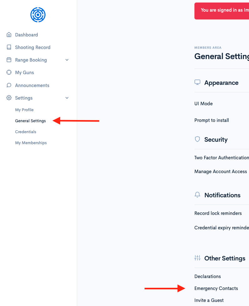 Screenshot showing the Emergency Contacts option under General Settings with red arrows pointing to the navigation path