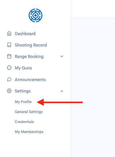 Screenshot showing the My Profile menu item under Settings with a red arrow pointing to it