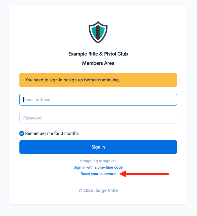 Screenshot of the Range Mate login page showing the 'Reset your password' link at the bottom