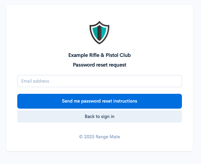 Screenshot of the Range Mate password reset request page showing the email input field and reset button